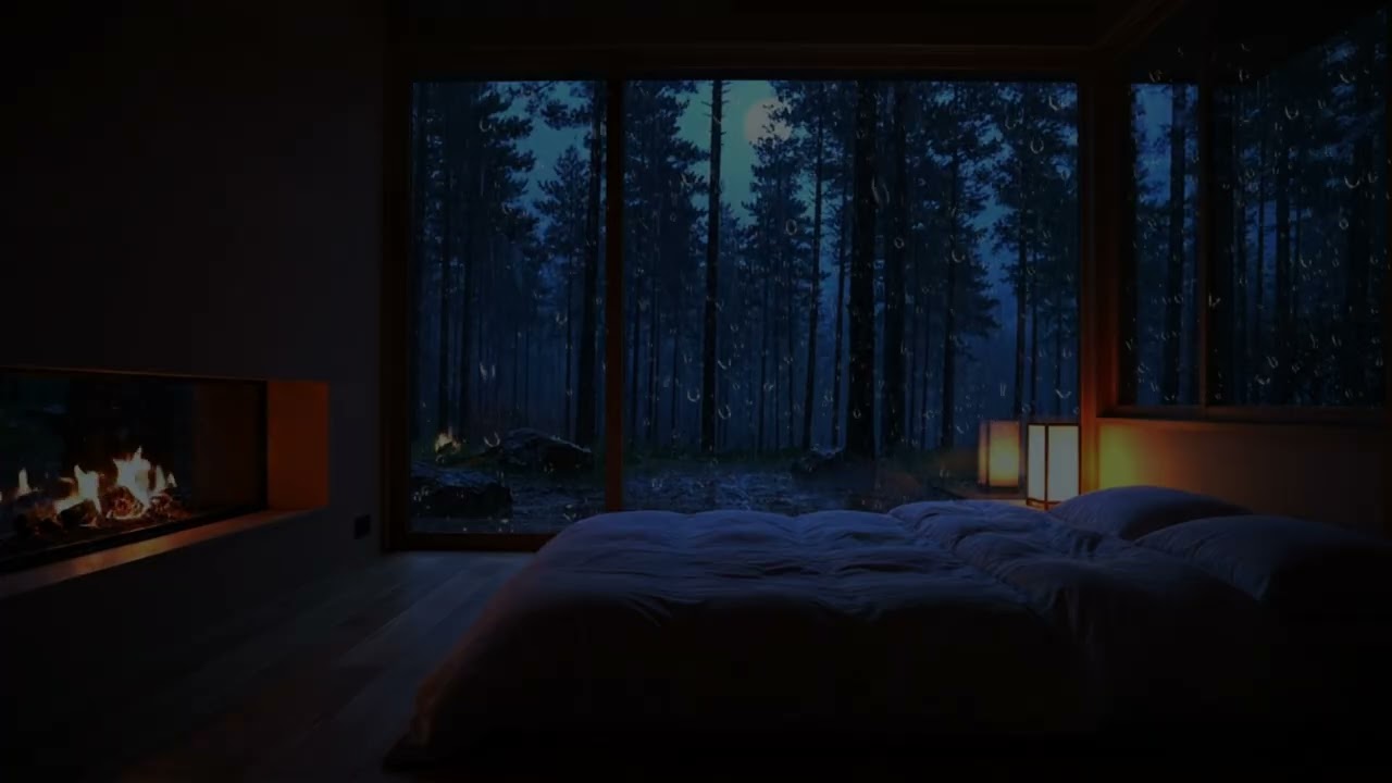 Dreamy Cabin Nook Scene 🌧️ Warm Fireplace & Rain Forest Ambience | Relaxation
