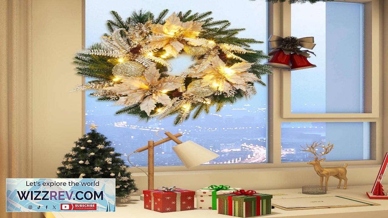 Garvee 24 Inch Christmas Wreath for Front Door Pre Lit Xmas Wreath