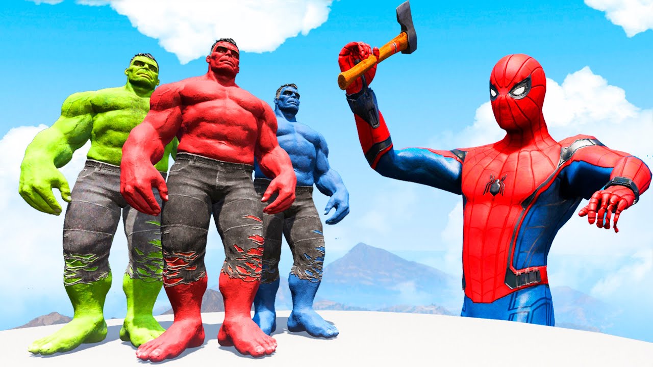 GTA 5 Water Ragdolls Spiderman vs Red Hulk vs Blue Hulk vs Green Hulk ...