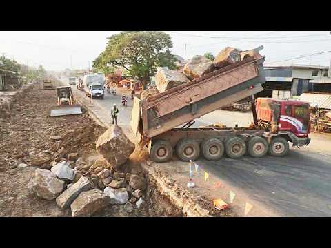 Massive!! Road Construction Bulldozer Clears Large Stones to Pave Highway Foundation