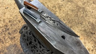 Forging two fossil Damascus kitchen knives. ferric chloride vs gator piss