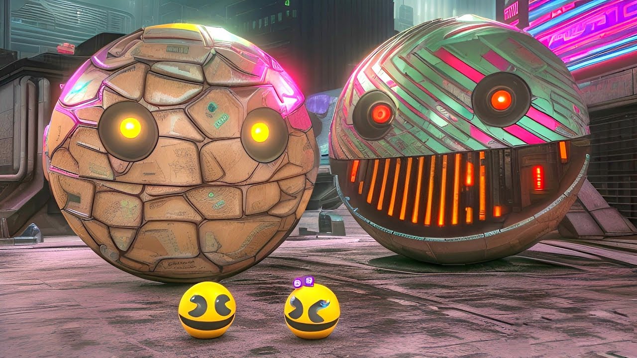 PACMAN VS CARTOON CAT ROBOTPACMAN IN A FRIGHTENING ATMOSPHERE
