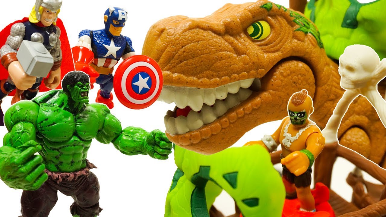 Giant primitive dinosaur vs Avenger's Iron Man, Hulk, Thor, Captain! for Childrens toys cartoon