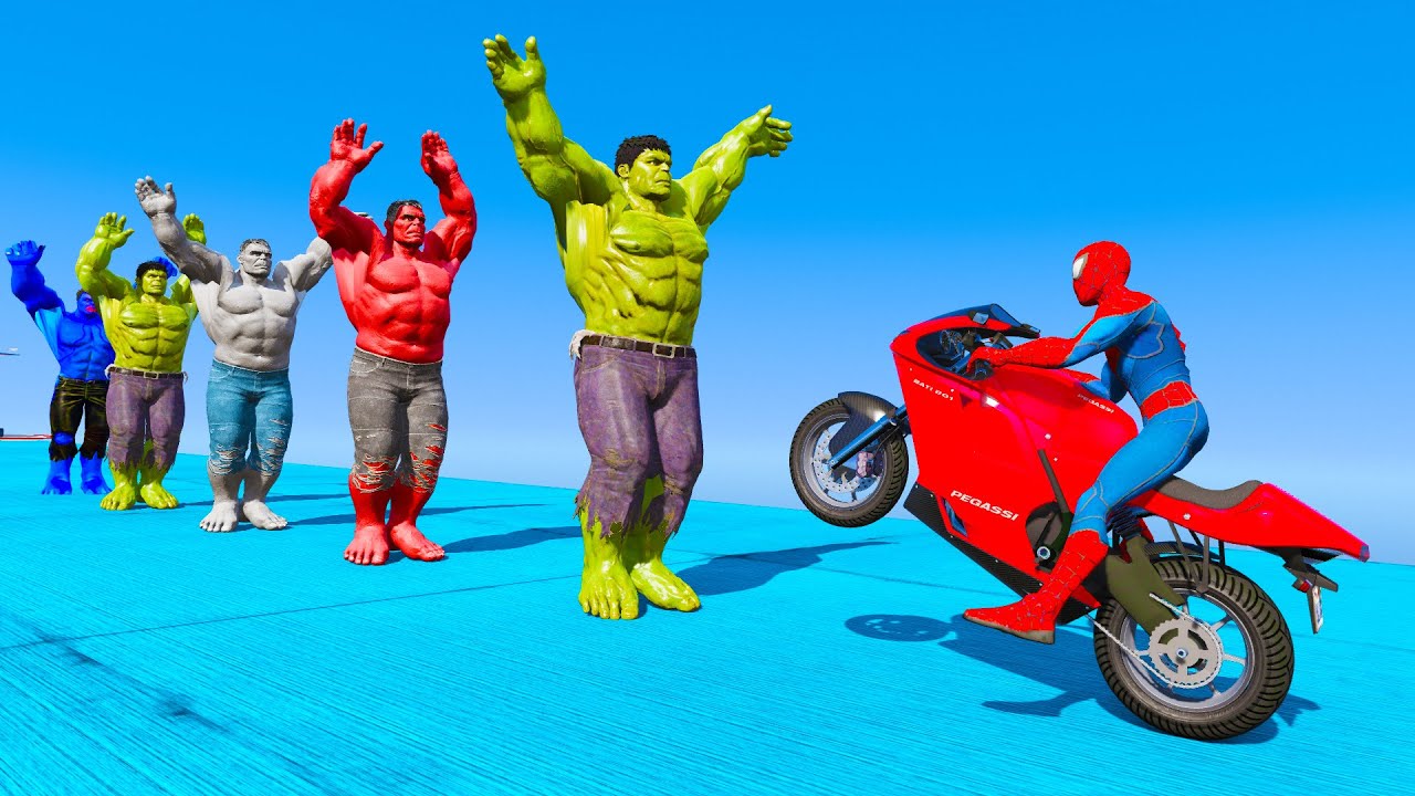Spider-Man runs over the colorful Hulk with a motorcycle - Superheroes ...
