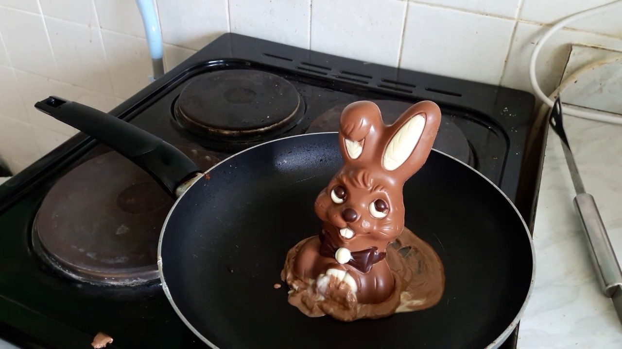 chocolate easter bunny melts in frying pan YouTube