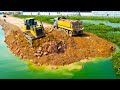 Powerful Bulldozer Shantui technique skill operator filling Land over water new road across lake