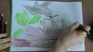 Как нарисовать гнездо и птенчиков просто карандашами от 5 лет How to draw a nest and Chicks