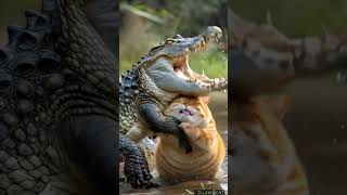 Yellow Cat Fight With Crocodile Resque By Panther