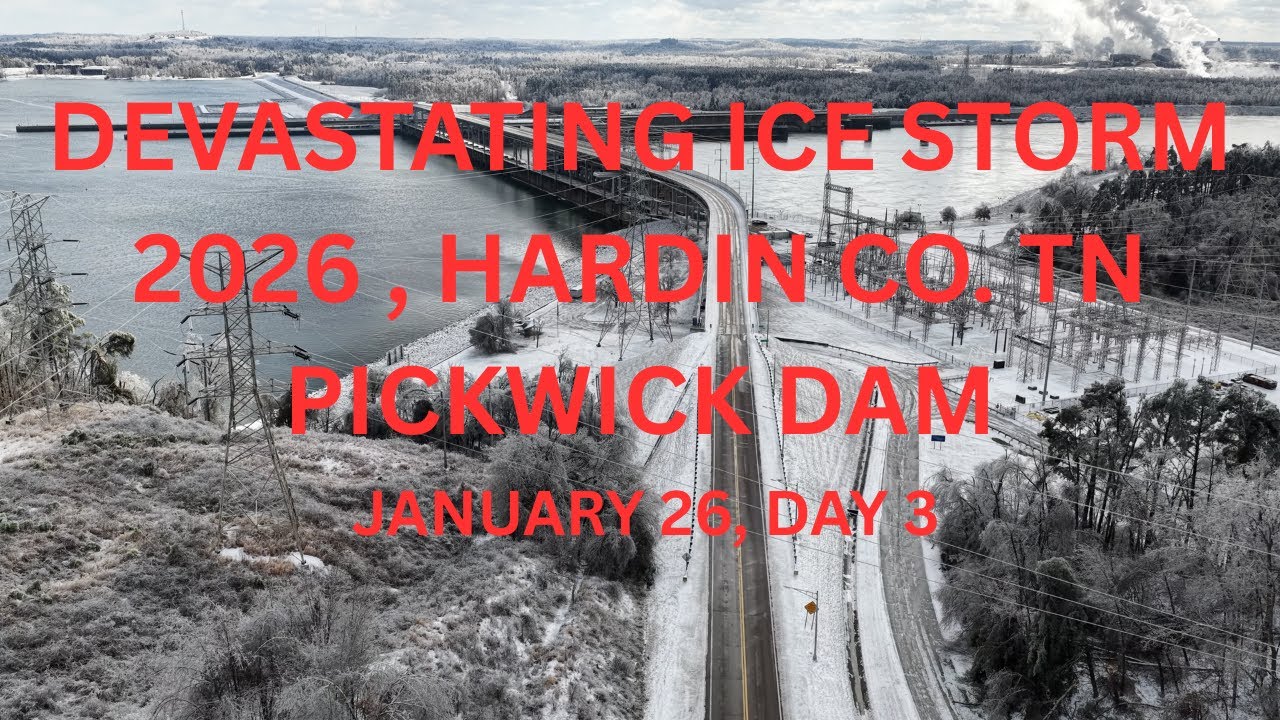 Drone video of devastating Ice storm 2026, Pickwick Dam and the Out Post Restaurant.