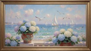 Coastal Hydrangeas & Sailboats at Sea Painting | 4K Ultra HD | Gold Frame TV Screensaver screenshot 3