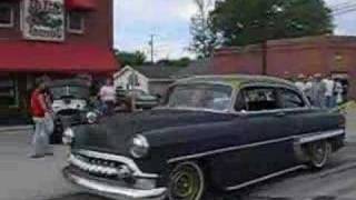 '53 chevy with a straight six doing a burnout rust revival
