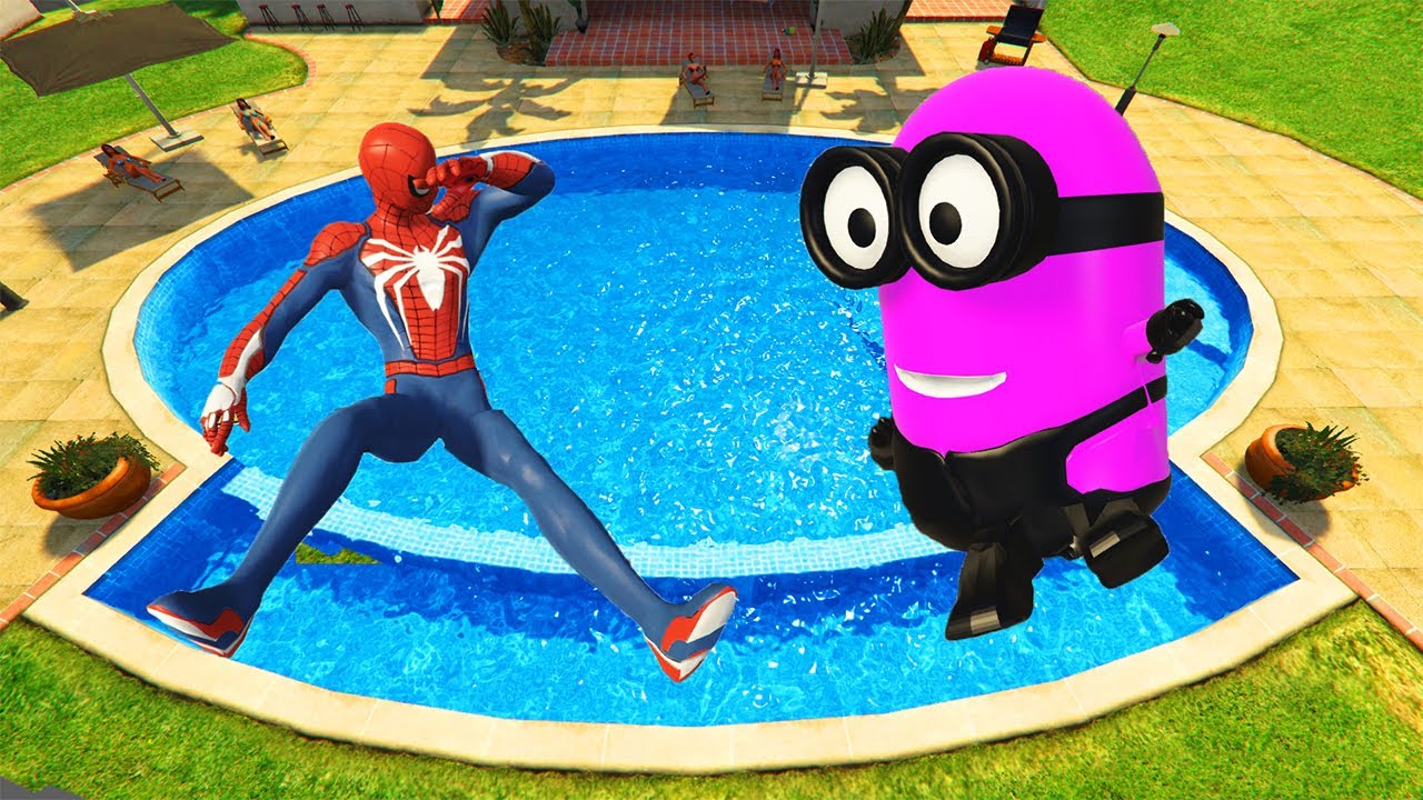 GTA 5 Spiderman & Rainbow Minions Pool Parkour (Ragdolls, Funny Moments)