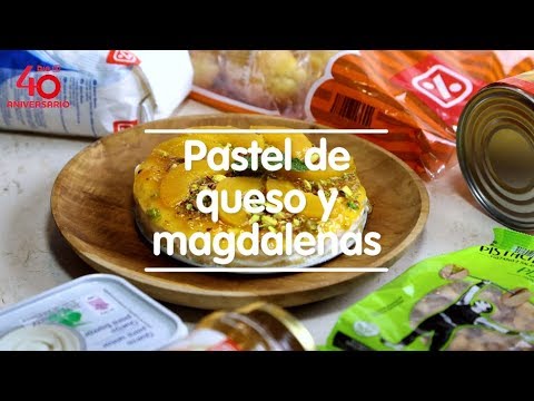 Pastel de queso, melocotón y magdalenas