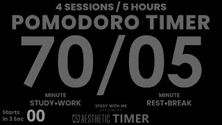 DARK Mode, Pomodoro 70 / 5, No Music, 5 Hour Study, Minimalist, 4 Sets, 70 Minute Study Timer