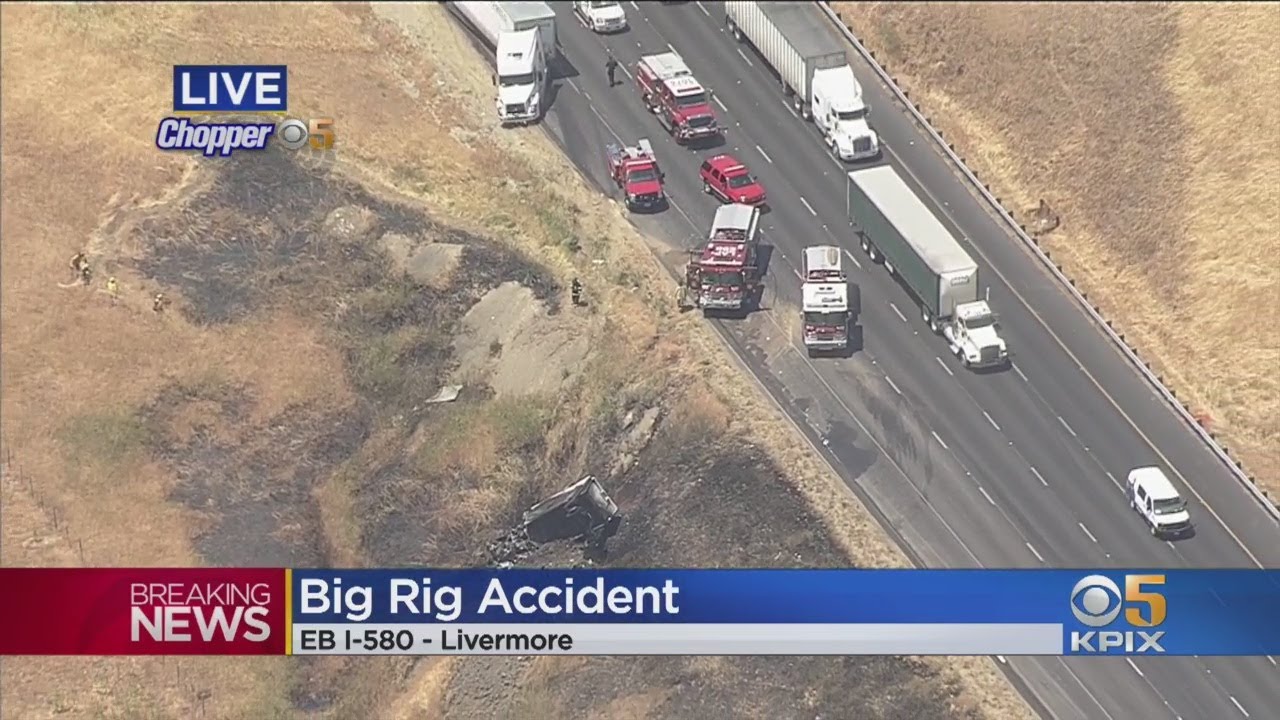 Crash, Fire Involving Two Big Rigs Snarls Eastbound I-580 At Altamont Pass - YouTube