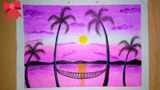 PINK SUNSET WITH COCONUT TREES OIL PASTEL SCENERY DRAWING | Easy Steps for beginners