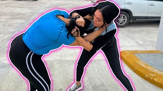 The Russian woman jumps on the neighbor over a parking space. Prank on the Russian woman.