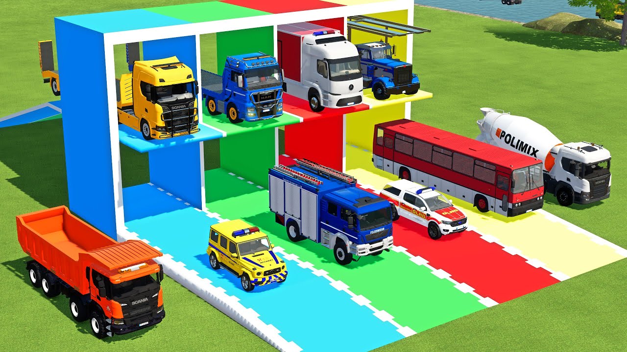 TRANSPORTING MERCEDES MINI BUS, VOLKSWAGEN POLICE, FORD POLICE, MERCEDES FIRE TRUCK TO GARAGE | FS22