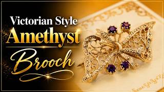 Victorian Style Amethyst Bow Brooch | Gold Plated Sterling Silver | 1980s Fretwork Jewellery