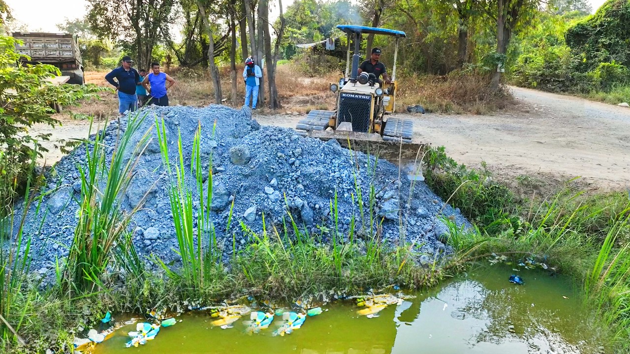 First Opening​ Amazing Project!! Landfill Rock Soil Into Deep Canal By Skills Dozer With 5t Trucks