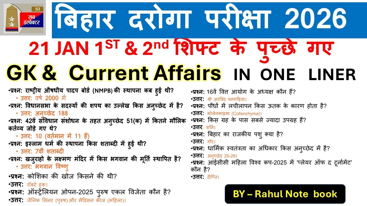 BIHAR DAROGA EXAM 2026  | 21 JAN 1ST & 2nd शिफ्ट के पुच्छे गए GK & Current Affairs IN ONE  LINER