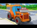 Tractor chases a racing car at high speed  cars town  cartoons for kids