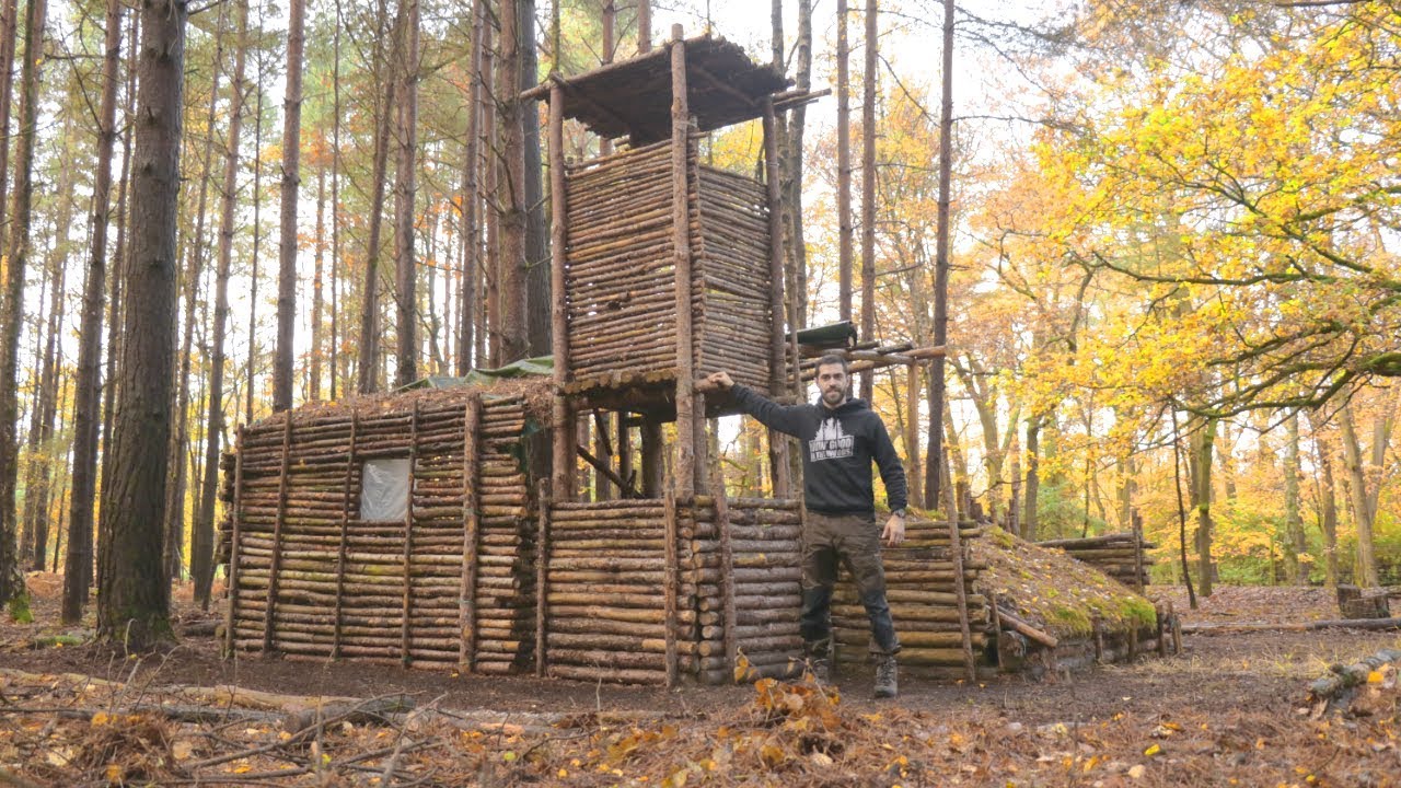 Bushcraft Camp: Full Super Shelter Tour (Tower, Ladder, Shelter, Roof, Log  Store, Raised Bed) 