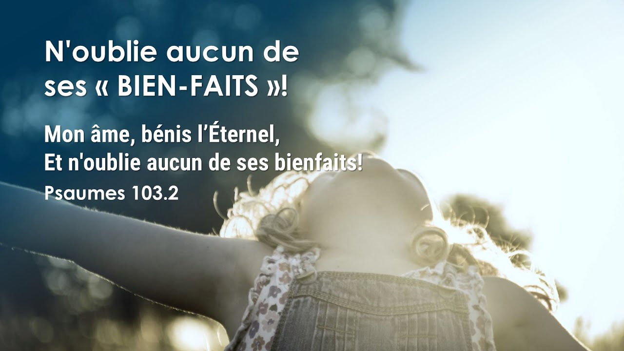 N'oublie aucun de ses «BIEN-FAITS»! - Mon âme, bénis l'Éternel, et n'oublie aucun de ses bienfaits!