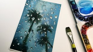 painting rain watercolor raindrops window drops water palm trees