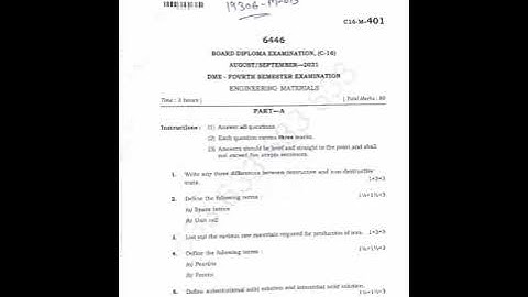 DIPLOMA DME IV-SEM ENGINEERING MATERIALS MODEL PAPER 2021