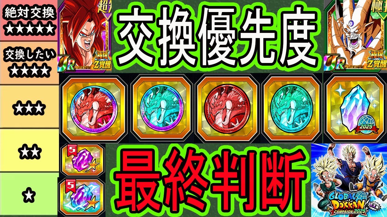 【ドッカンバトル】グローバルCP交換関連最終判断！EX弾！「天井コイン・フェスコイン・祭コイン・グローバル龍石2025・UR・LRプレミアム龍石」交換優先度！期限はまだあるけど交換し忘れないように！