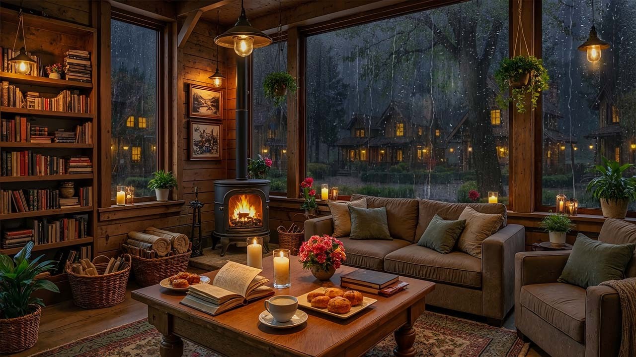 Gentle Jazz Piano in a Cozy Fireplace Cabin | Peaceful Rainy Night Ambience for Study, Work & Relax