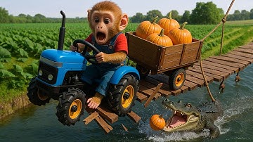 Baby Monkey NaNa Drives Tractor Harvest Pumpkin and Fall On Bridge🐒🚜🎃 Bears Came to the Rescue!