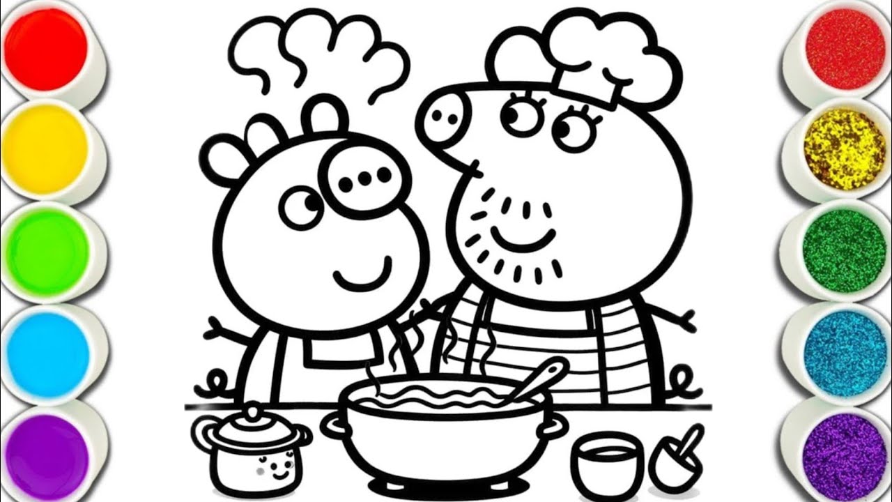 Daddy Peppa pig cooking with child Peppa pig drawing and colouring for ...