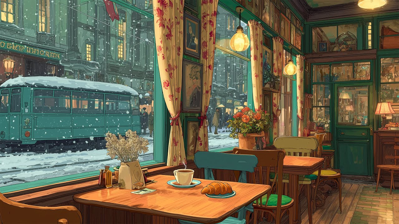 Vintage Cafe Ambience ❄️ Soft Oldies Playing With Snow Falling Outside