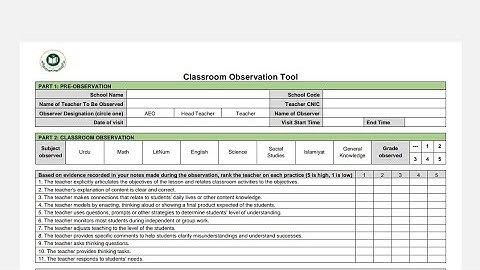 Classroom Observation tool form in English format