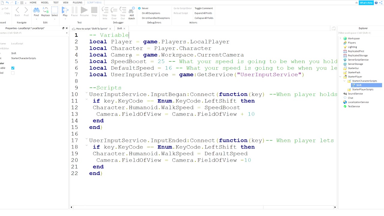 Roblox Scripting How To Make A Shift To Sprint Script On Roblox Studio Youtube - shift sprint roblox script