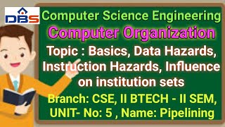Computer Organization, Pipelining, Basics,Data Hazards,Instruction Hazards,Influence on institution