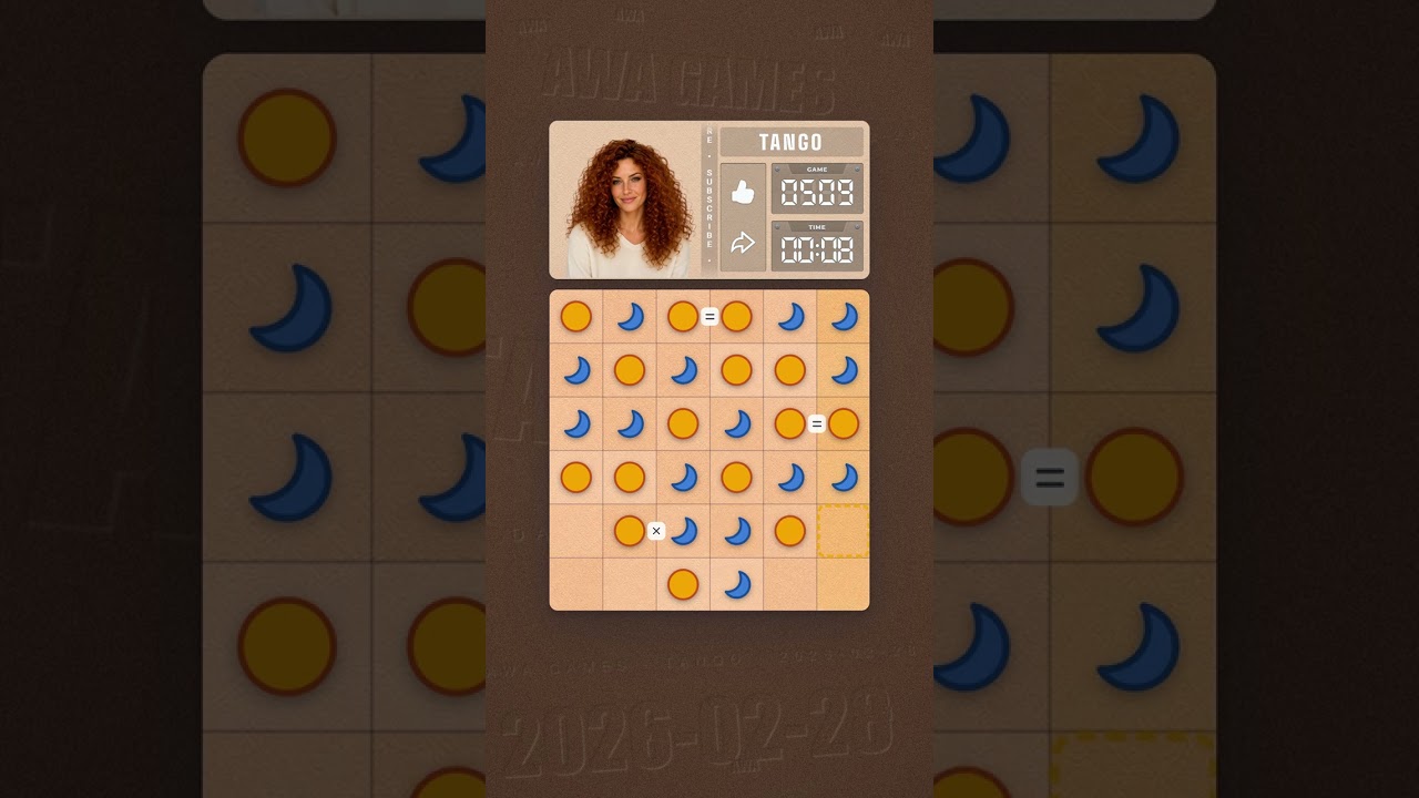 LinkedIn Tango #509 solved board for February 28, 2026, 6x6 grid