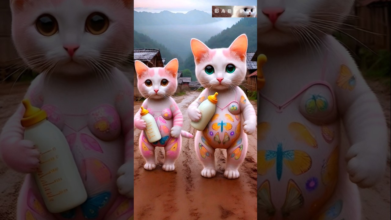 🥰Beautiful Two butterfly Tattoo Pink Baby girls Cute Cat😍 Dance Kitten 463 