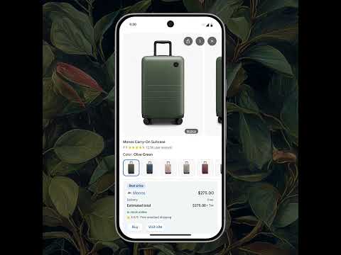 Shopify demo showing a suitcase purchase on a phone