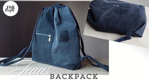 DIY Easy Jeans Drawstring Backpack sewing tutorial. Denim bag with zipper pocket.