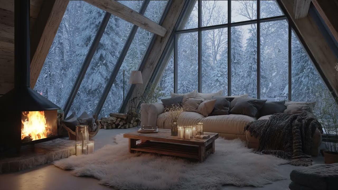 🎹 Relaxing Piano Lounge | Fireplace Warmth, Snowy Calm | 3 Hours for Stress Relief