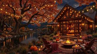 Warm Fall Porch Night | Cozy Fireplace Glow with Lakeside Jazz Melodies for Work, Study, Rest screenshot 5