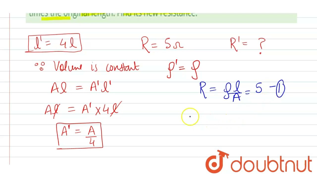 A wire of resistance 5Omega is uniformly stretched until its new length becomes 4 times the orig...