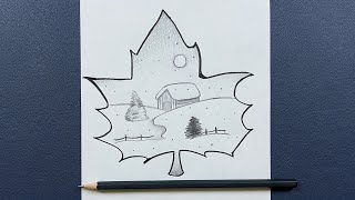 رسم سهل | تعلم رسم منظر طبيعي داخل ورقة شجرة