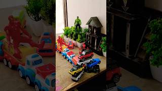 Construction vehicle pushing six G wagon cars and buses into black hole😬🕳️#toys #toyhouse #fyp