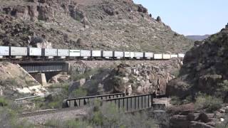 EBD BNSF stacktrain crosses many of the Santa Fe bridges in Kingman Canyon May 2016