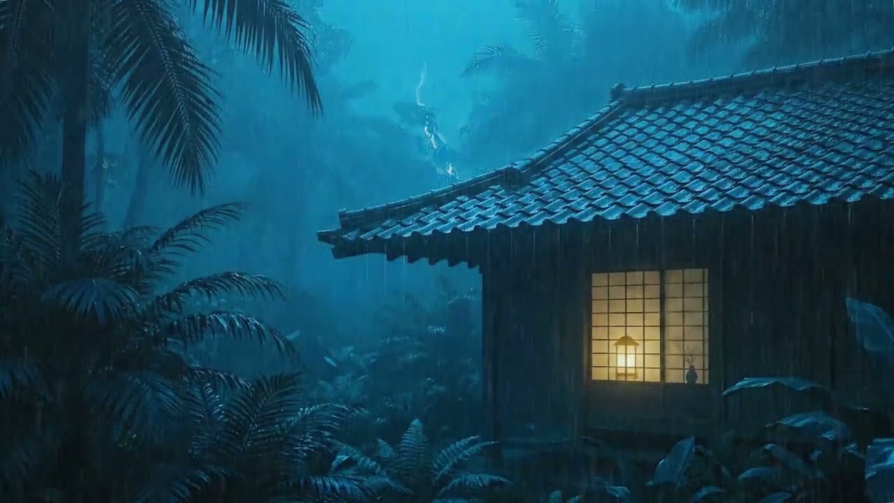 Heavy Rainfall and Thunder | Tropical Forest Cabin | Calm Night Sounds