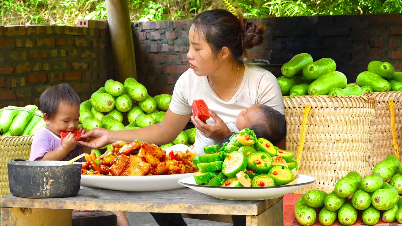 Harveting gourds to sell at the market, cook food for children from gourds